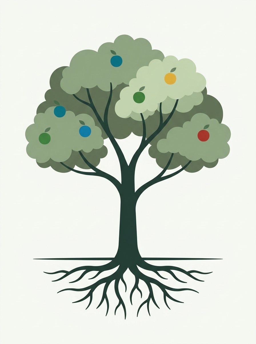 A growth tree: roots as brand foundation, trunk as marketing strategy, branches as channels, leaves as content, fruit as awareness, trust, customers and growth